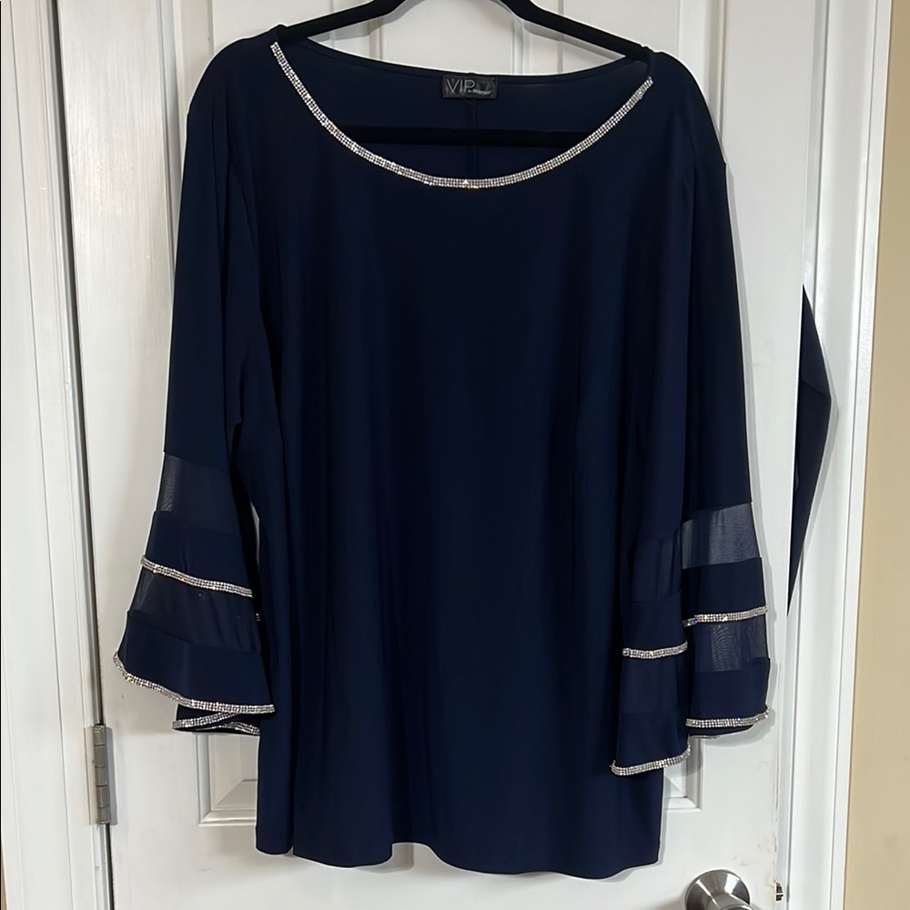 Avenue VIP Elegant Navy Blue Women's Top 22w Rhinestone neckline & bell sleeves